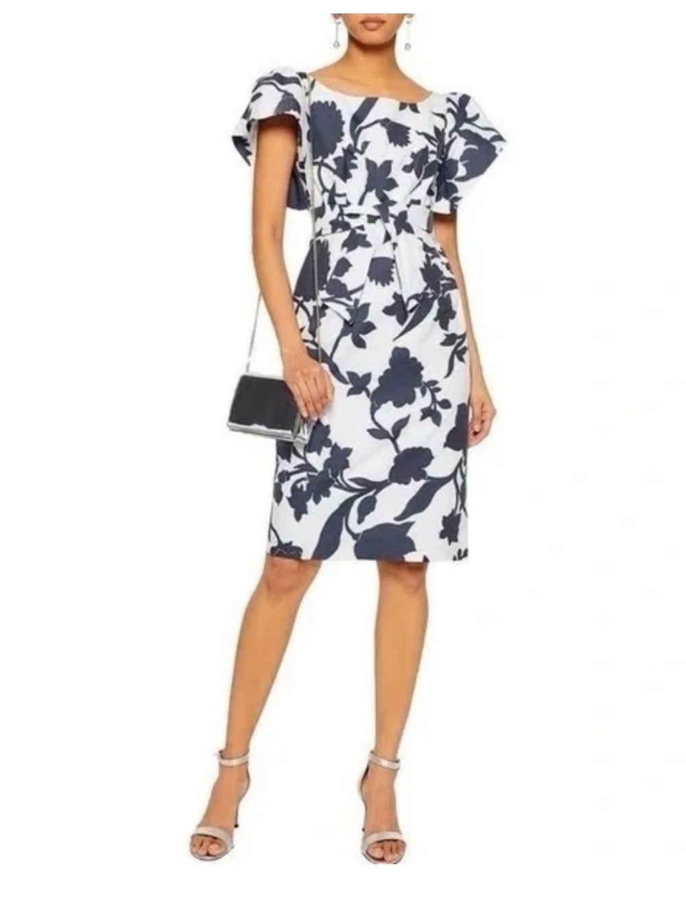Milly Dakota blue & White Floral Midi Dress with Cap Sleeves